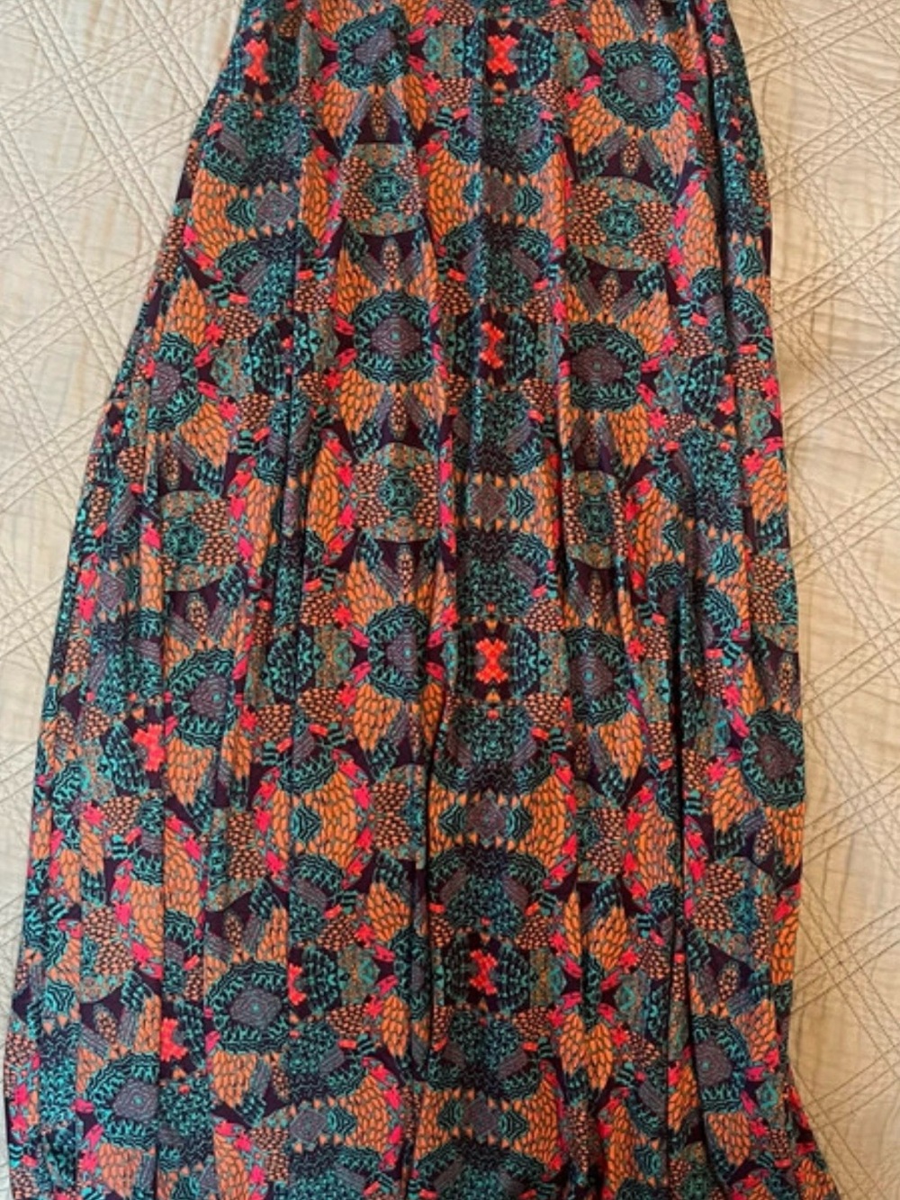 LuLaRoe Maxi Skirt in Teal, Orange & Black Geometric Print